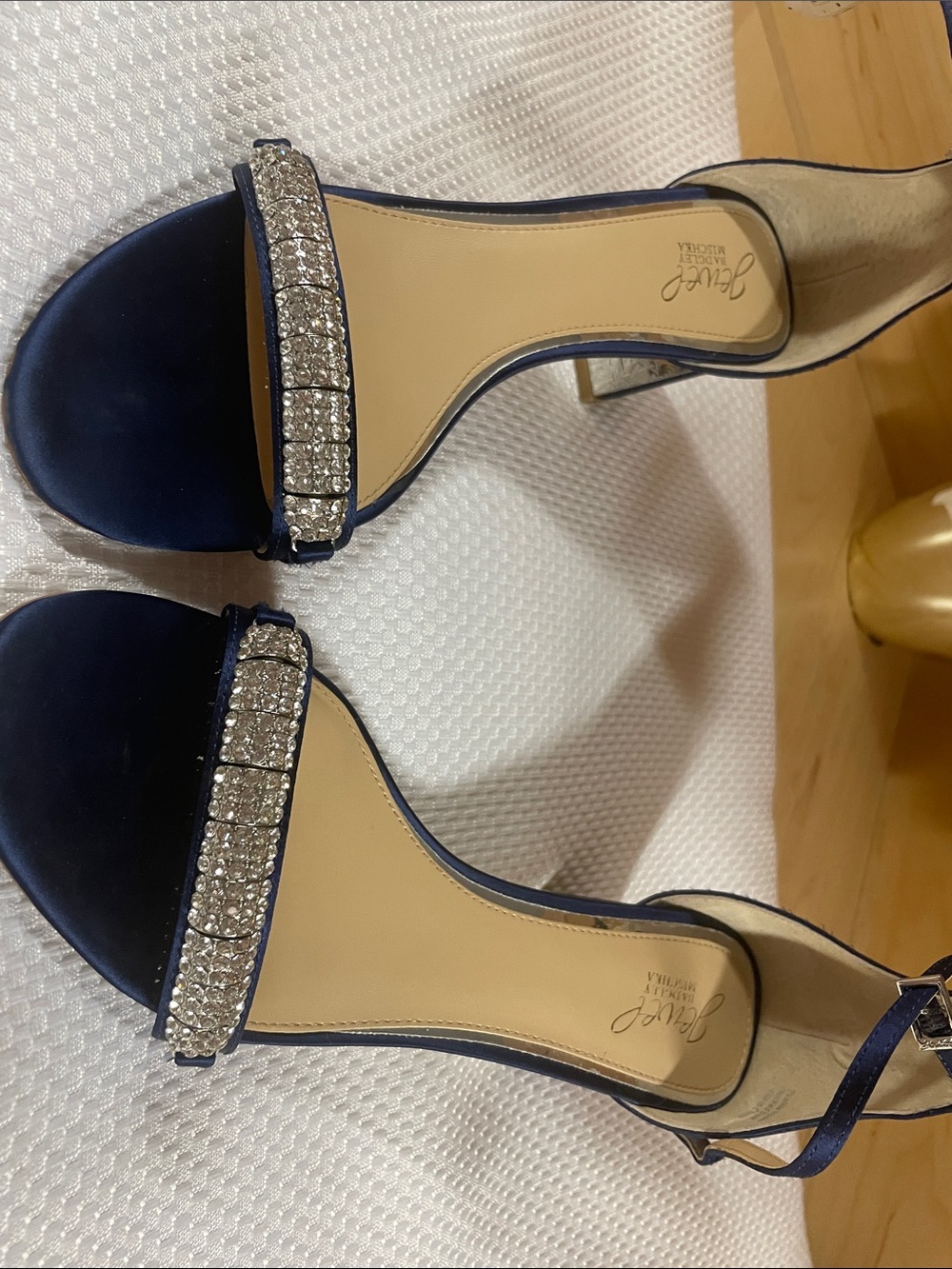 Jewel Badgley Mischka Navy Satin Rhinestone Strap Block Heels